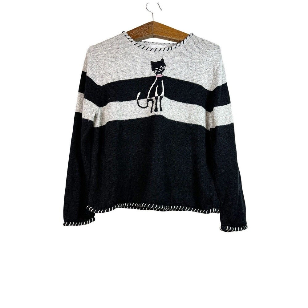 Christopher & Banks Womens Sweater Vtg Hand Embroidered Cat Pullover Size Large